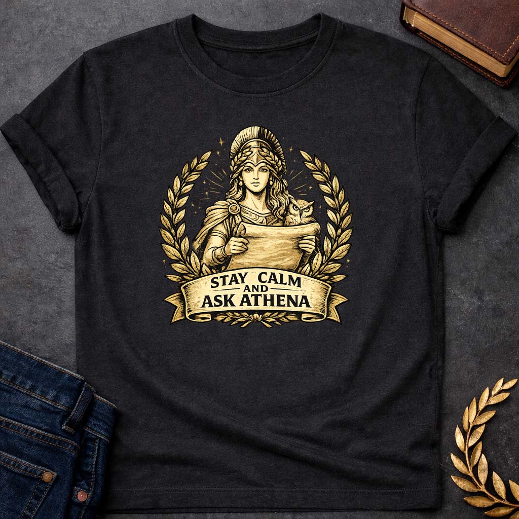 athena stay calm and ask athena greek mythology youth t shirt featuring owl, laurel wreath, wisdom symbolism in vintage Greek mythology design