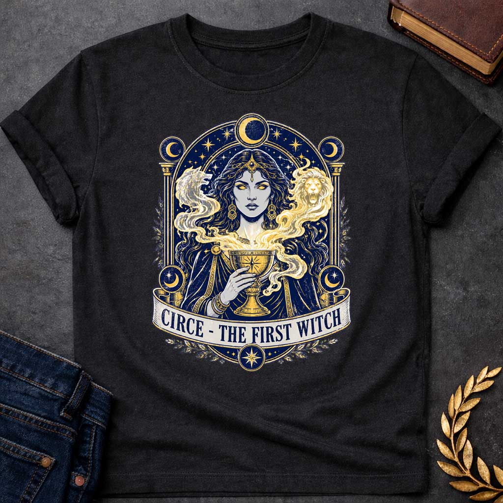 Black T-shirt with a Mystical tarot-style portrait of Circe, the first witch from Greek mythology, rendered in navy blue and gold. She displays golden glowing eyes and magical hair infused with light energy. Twin lion heads flank her head symbolizing divine power. She holds an ornate golden goblet overflowing with luminous magic. Moon phases in crescent form circle her ethereal figure. Ornate architectural frame with columns and celestial decorations. Gold stars scatter throughout. Banner reads 'Circe - The