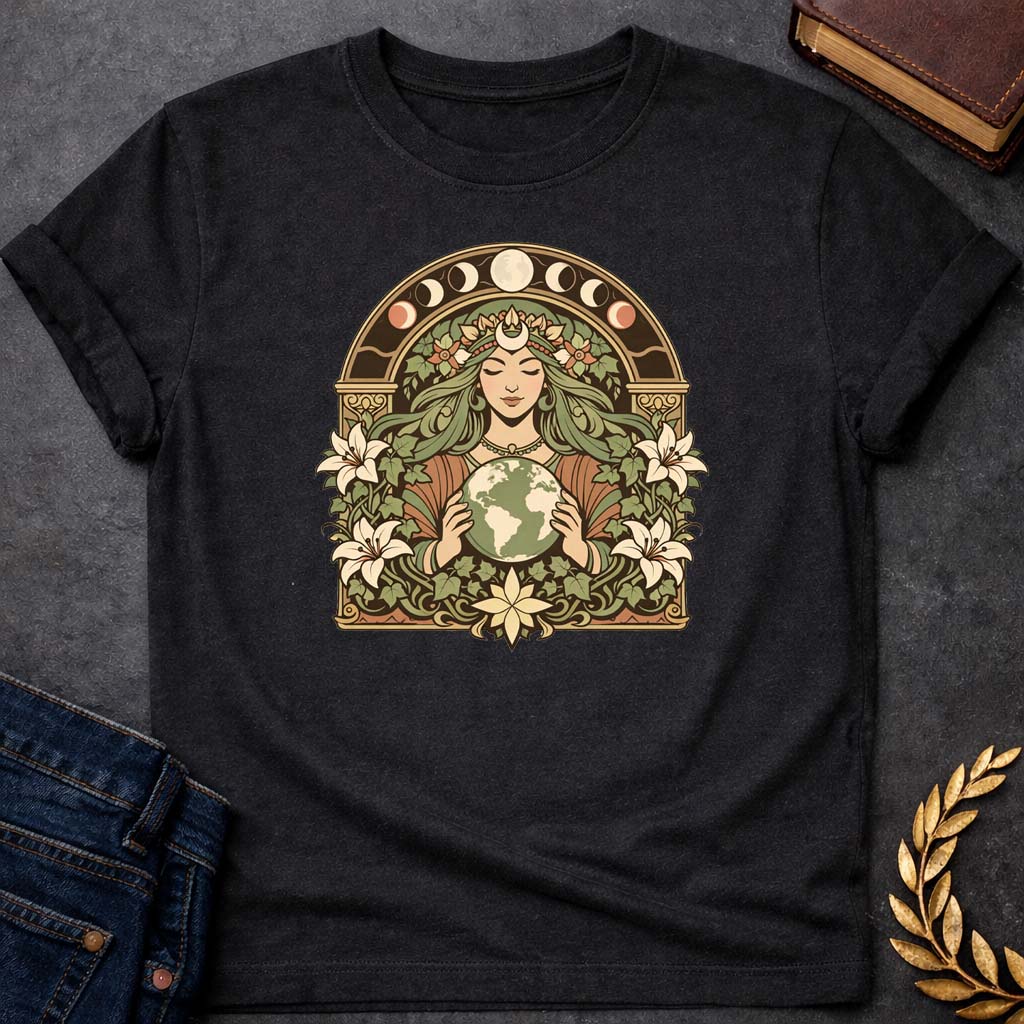 gaia earth goddess greek mythology adult shirt featuring detailed Greek mythology artwork, symbolic design, and bold graphic style