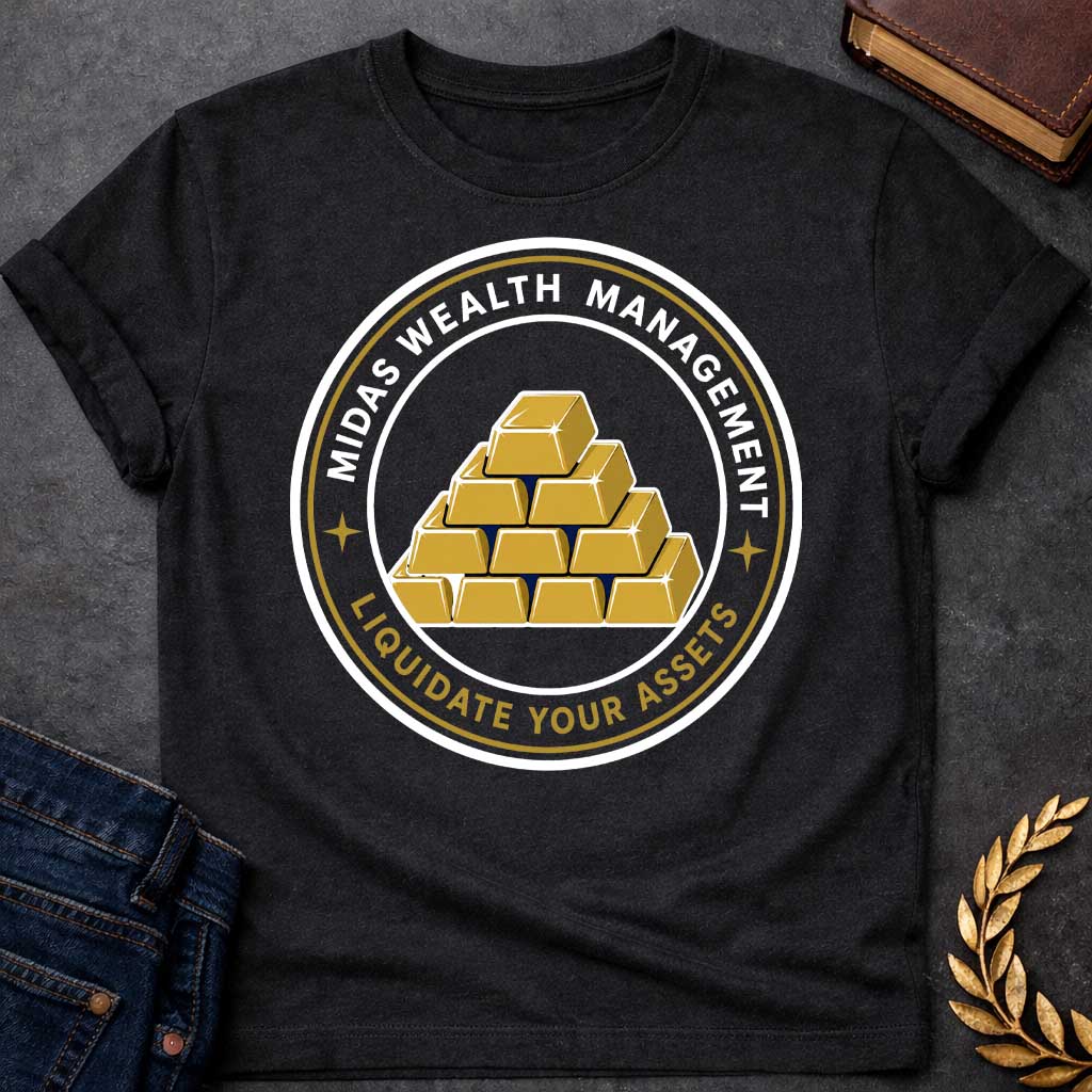 Black t-shirt with A Corporate-style Greek mythology design featuring a circular emblem with stacked gold bars at the center and the humorous text "Midas Wealth Management" across the top and "Liquidate Your Assets" along the bottom. Inspired by the legend of King Midas, the clean badge design uses navy blue, metallic gold, and white for a polished, finance-themed parody graphic.