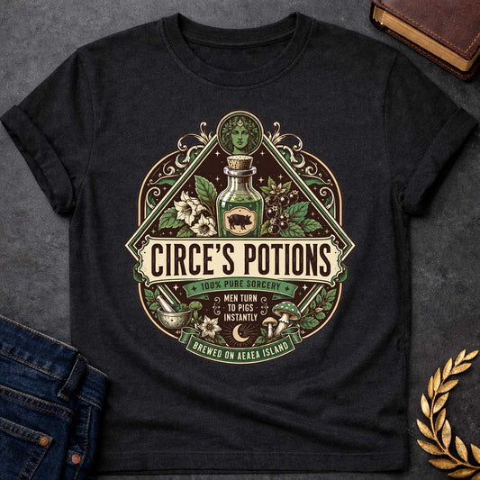 Black T-shirt with an ornate, vintage apothecary-style t-shirt graphic for "circe's potions.jpg". At the top, a portrait of the goddess Circe sits above a glass potion bottle featuring a pig label, surrounded by magical herbs. A central banner reads "CIRCE'S POTIONS" in a bold serif font. Additional labels read "100% PURE SORCERY," "MEN TURN TO PIGS INSTANTLY," and "BREWED ON AEAEA ISLAND" amidst a mortar, pestle, and mushrooms