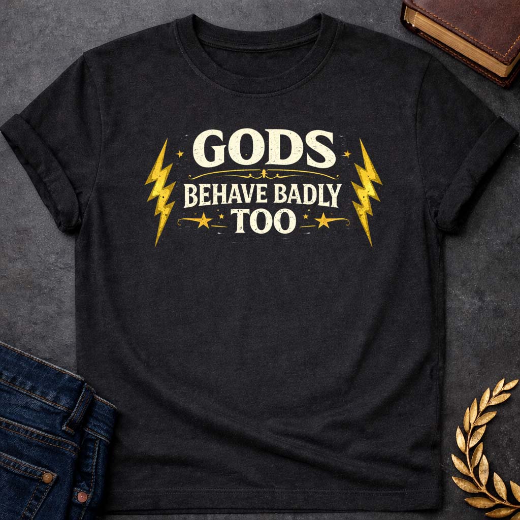 zeus gods behave badly too greek mythology youth t shirt featuring lightning bolt, sky god power symbolism in bold Greek mythology design