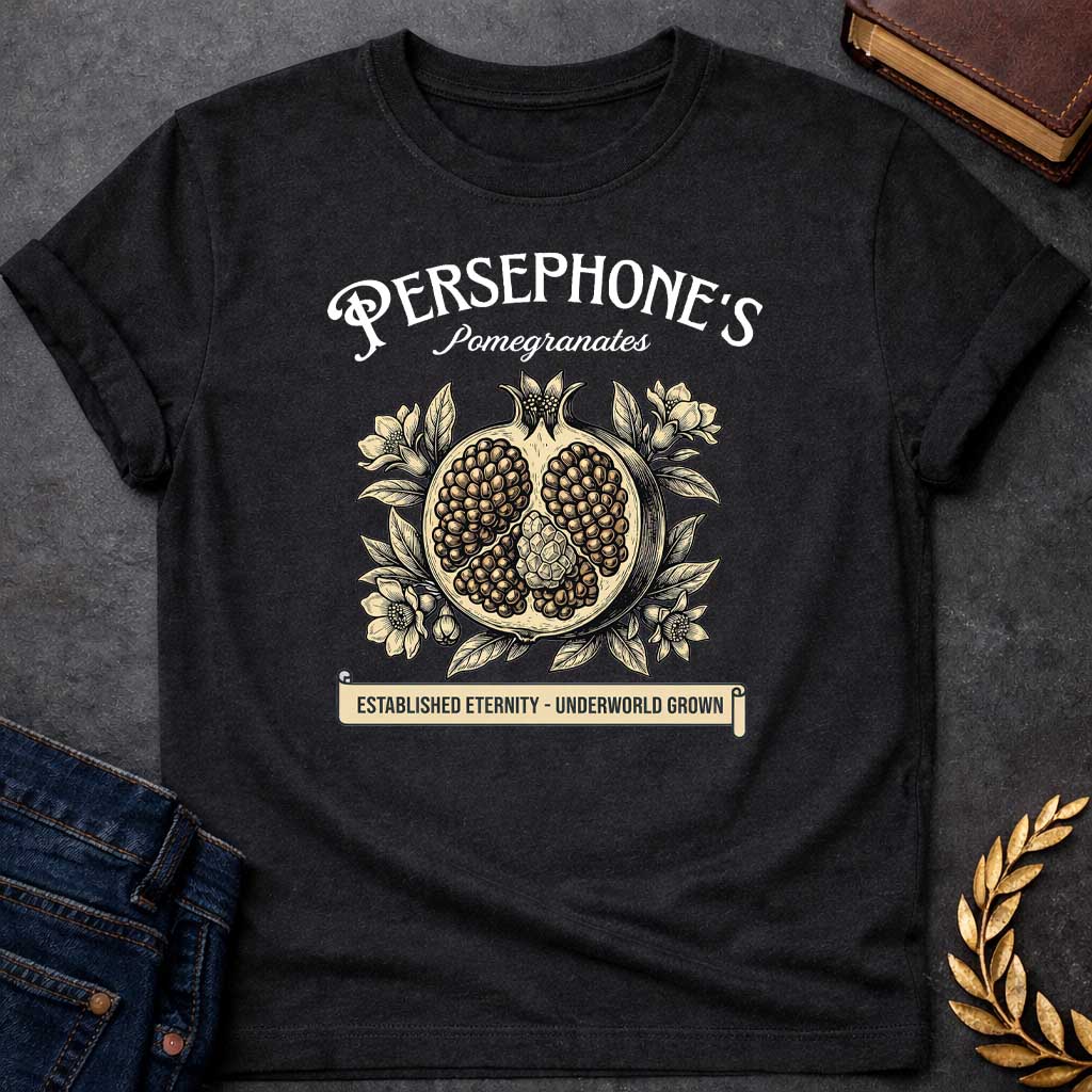 persephone pomegranates greek mythology youth shirt featuring pomegranate, underworld queen symbolism in dark floral mythology design