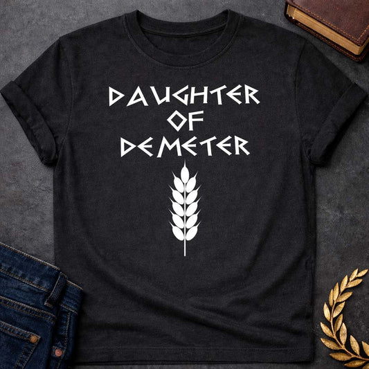 daughter of demeter unisex softstyle adult t shirt featuring detailed Greek mythology artwork, symbolic design, and bold graphic style