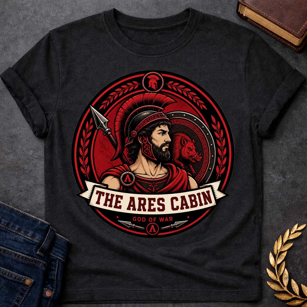 Black t-shirt with a Ares Greek mythology cabin design featuring the god of war in a Spartan-style helmet and armor, framed by a spear, shield with a fierce boar, and laurel branches. Bold red, black, and cream circular camp-style emblem includes the text “The Ares Cabin” and “God of War,”