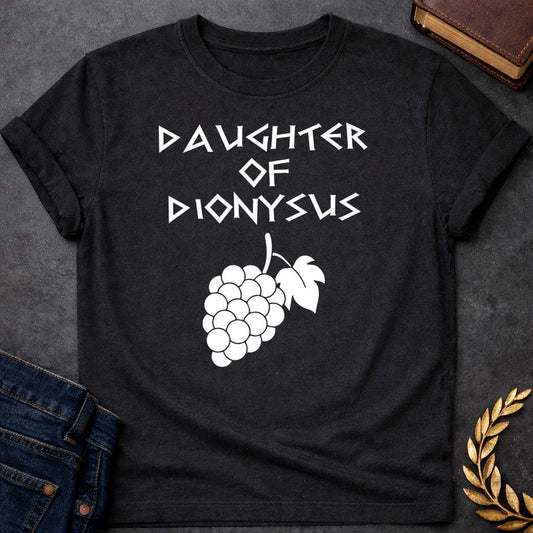 daughter of dionysus unisex softstyle adult t shirt featuring detailed Greek mythology artwork, symbolic design, and bold graphic style