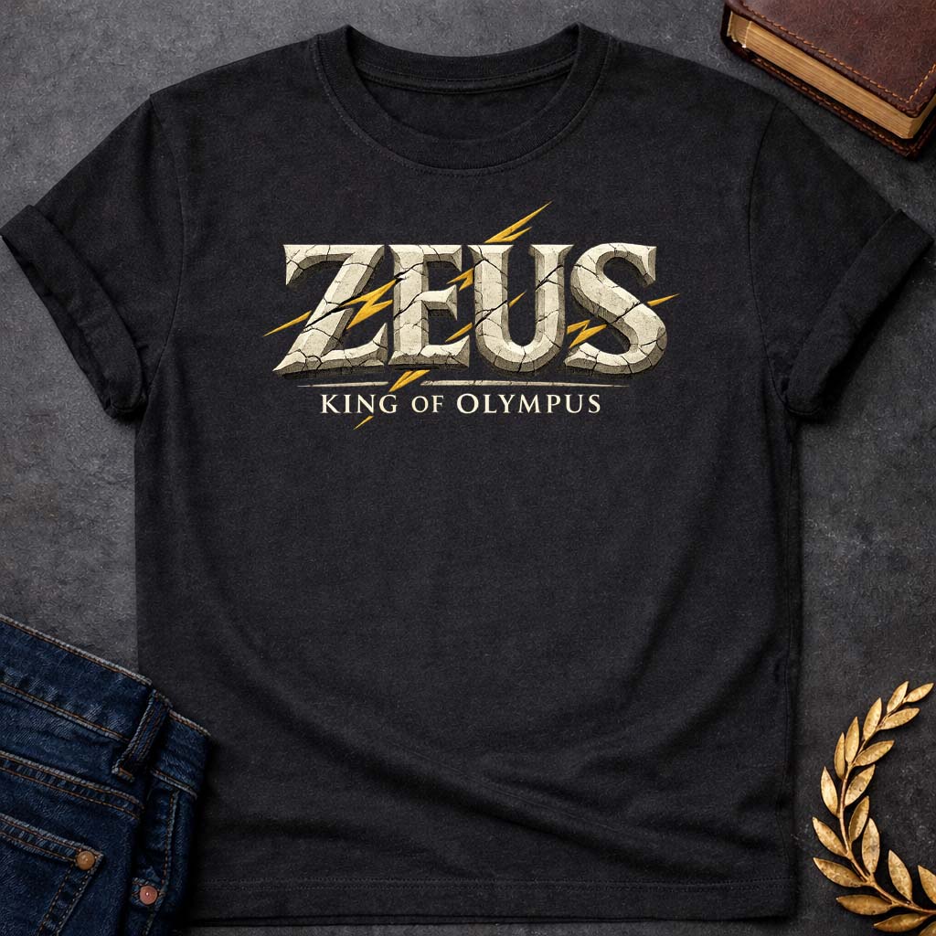 zeus king of olympus greek mythology youth t shirt featuring lightning bolt, sky god power symbolism in bold Greek mythology design