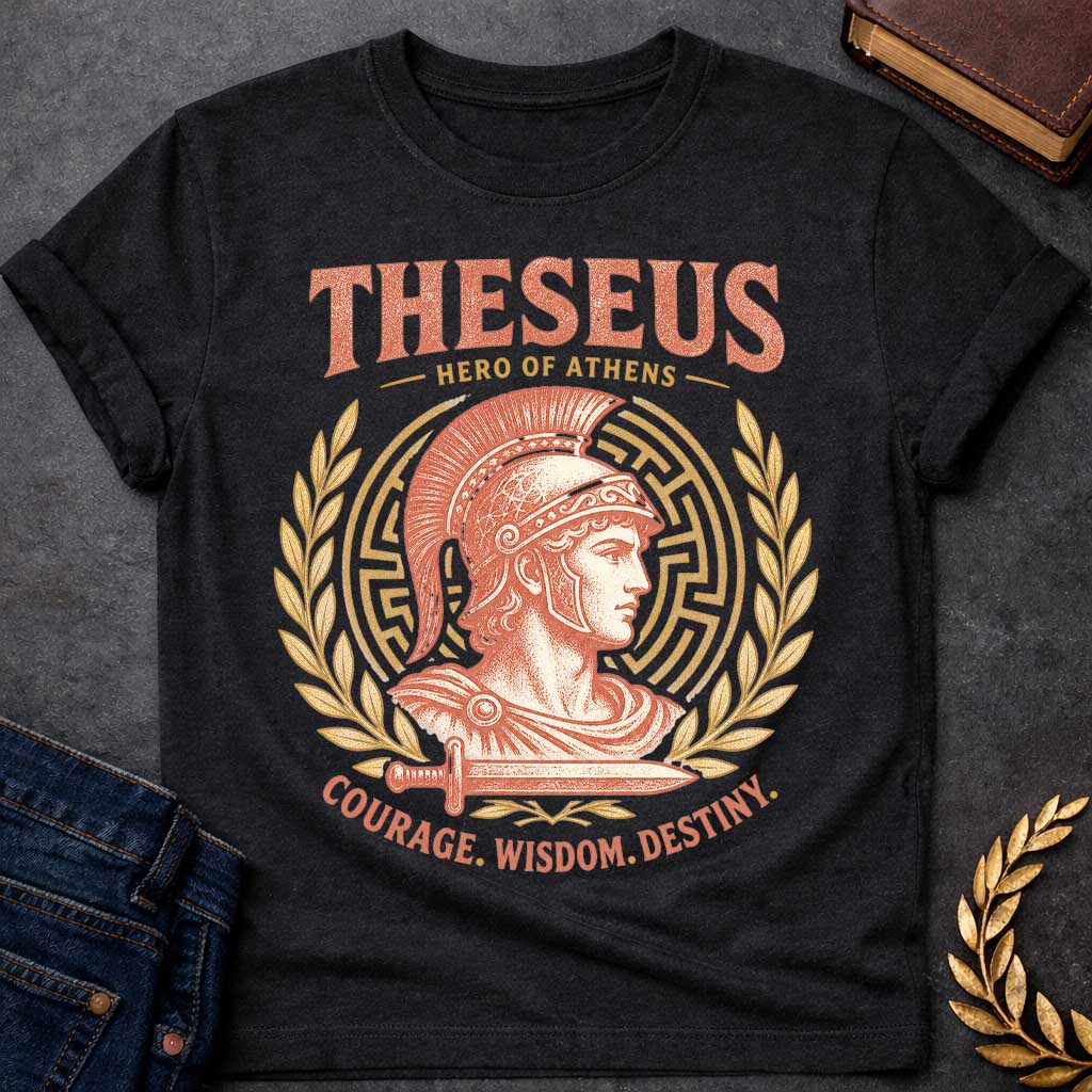 Black t-shirt with a Vintage Theseus Greek mythology shirt design featuring the Hero of Athens in a crested warrior helmet, framed by a Greek labyrinth, golden laurel branches, and a sword. Distressed terracotta and gold artwork includes the text “Theseus,” “Hero of Athens,” and “Courage. Wisdom. Destiny.” inspired by the legendary hero of the Minotaur myth.