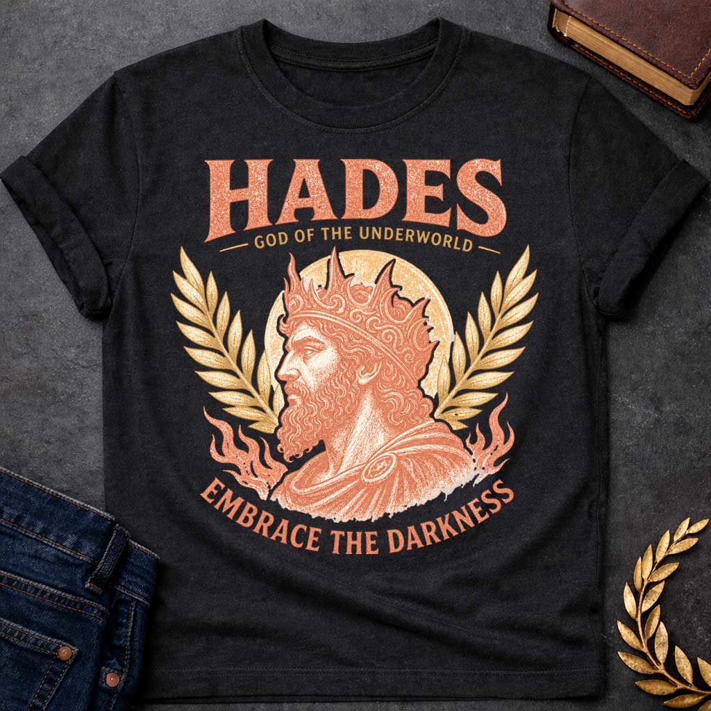 Black t-shirt with a Vintage Greek mythology shirt featuring Hades, God of the Underworld, portrayed as a bearded king wearing an ornate crown. Distressed coral and gold artwork includes laurel branches, a glowing circular backdrop, underworld flames, and the bold text “Hades God of the Underworld” and “Embrace the Darkness.”