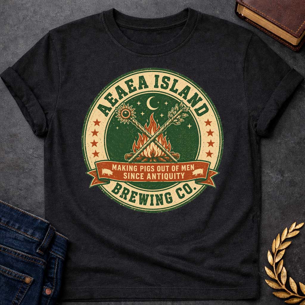 Black T-shirt with a Humorous brewery emblem of Aeaea Island Brewing Co. in green and cream vintage style. A roaring campfire with crossed torches dominates the center beneath a sun, moon, and stars. Brown banner reads 'Making Pigs Out of Men Since Antiquity' flanked by small pig silhouettes. Red stars border the circular design. Distressed texture adds authentic craft brewery aesthetic. Celebrates Circe's mythological powers of transformation and enchantment with modern craft beer culture.
