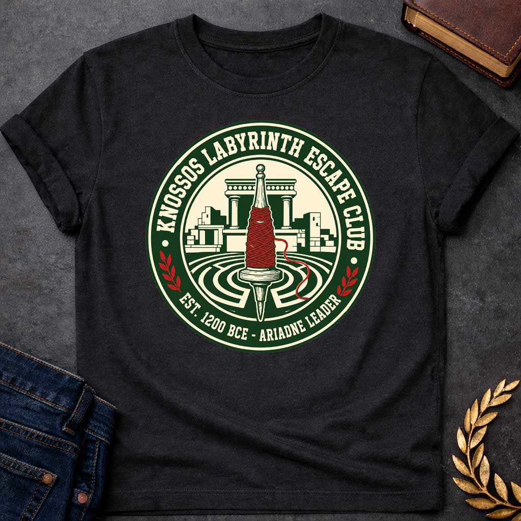 Black T-shirt with A circular, collegiate-style emblem t-shirt design, The logo features a cream center showing a wooden spindle wrapped in bright red thread, positioned over a labyrinth with ancient Minoan ruins behind it. The dark green outer ring reads "KNOSSOS LABYRINTH ESCAPE CLUB" along the top and "EST. 1200 BCE - ARIADNE LEADER" at the bottom, separated by small red laurel branches.