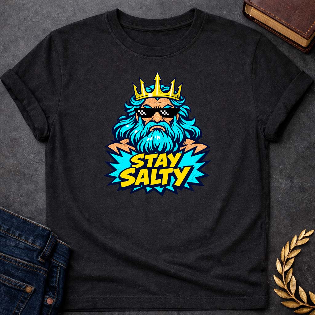 poseidon stay salty greek mythology youth t shirt 1 featuring trident, ocean waves, sea god symbolism in Greek mythology design