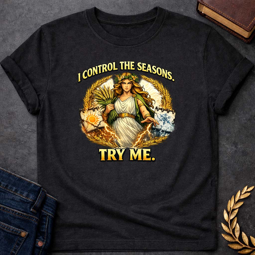 demeter i control the seasons greek mythology youth t shirt featuring detailed Greek mythology artwork, symbolic design, and bold graphic style