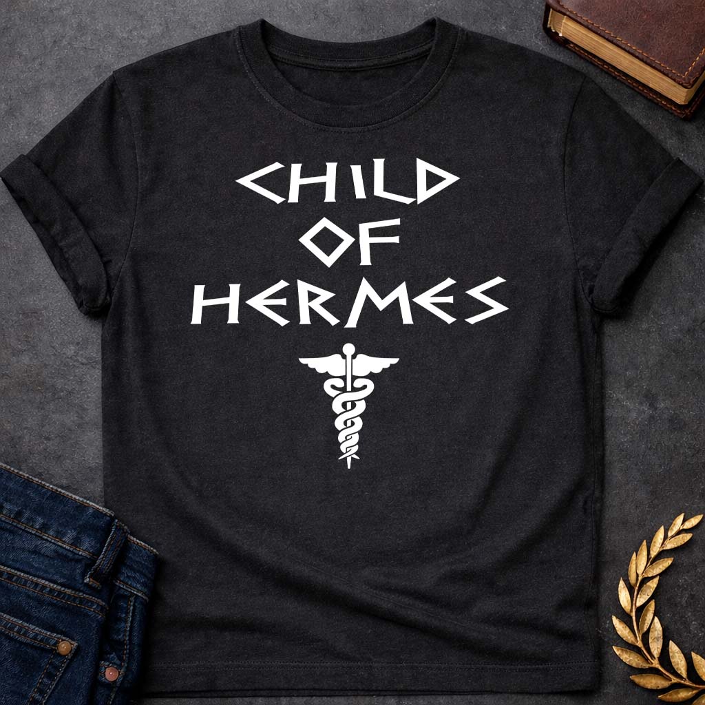 child of hermes greek mythology unisex softstyle adult t shirt featuring detailed Greek mythology artwork, symbolic design, and bold graphic style