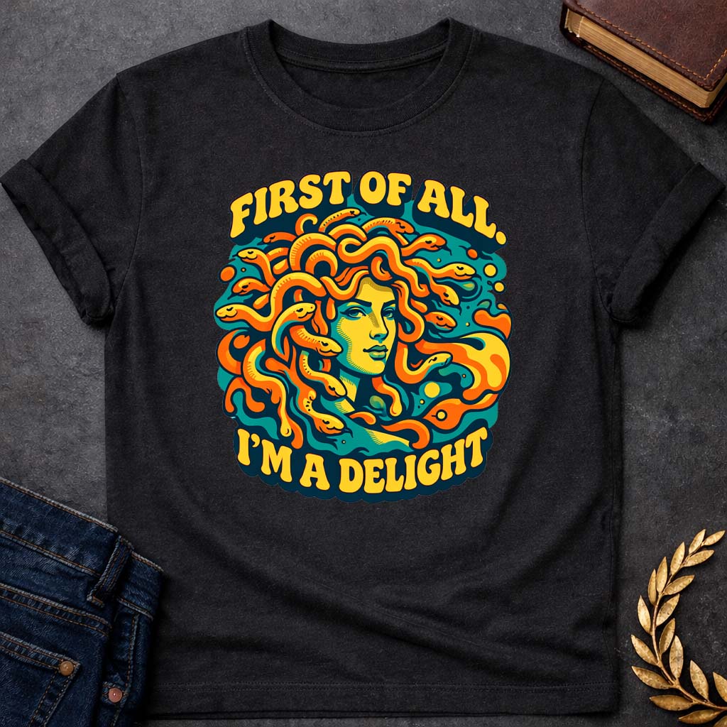 medusa first of all im a delight psychedelic style greek mythology youth shirt featuring detailed Greek mythology artwork, symbolic design, and bold graphic style