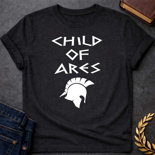 Child of Ares Greek Mythology Adult T-Shirt featuring warrior armor, battle symbolism, god of war Greek mythology design