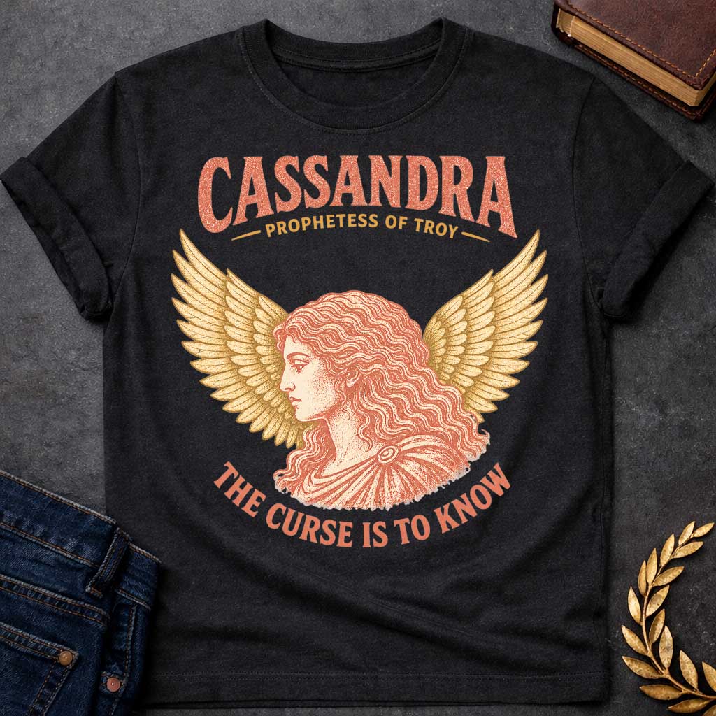 Black t-shirt with a Vintage Greek mythology design featuring Cassandra, prophetess of Troy, in a classical portrait framed by dramatic golden wings. Warm coral and gold engraving-style artwork accompanies bold text reading "Cassandra – Prophetess of Troy" and "The Curse Is to Know," inspired by her tragic gift of prophecy and the curse that no one would believe her warnings.