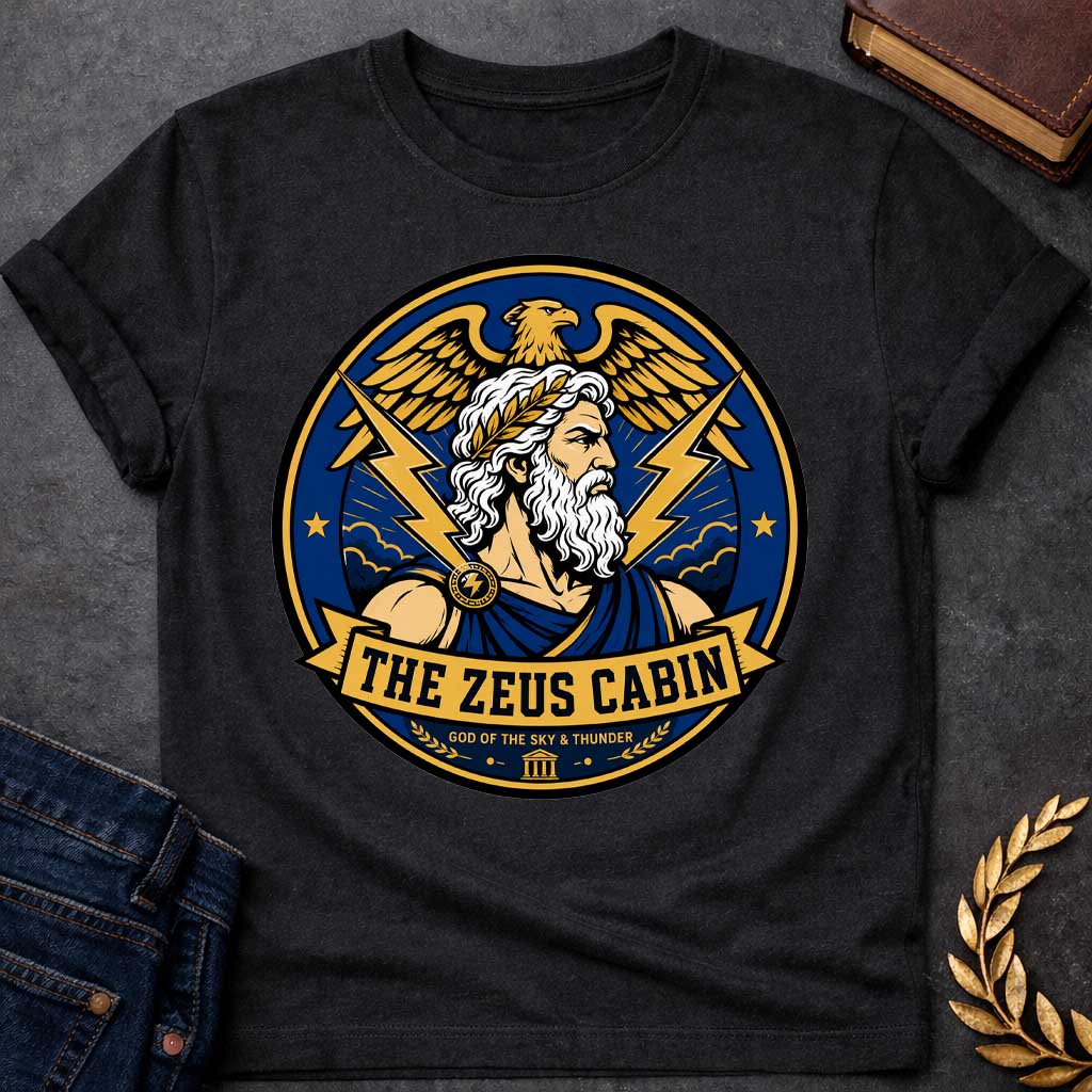 Black t-shirt with a Zeus Greek mythology cabin design featuring the bearded god of the sky and thunder with a laurel crown, golden eagle, lightning bolts, storm clouds, and Greek temple symbol. Bold blue, gold, white, and black circular camp-style emblem includes the text “The Zeus Cabin” and “God of the Sky & Thunder.”