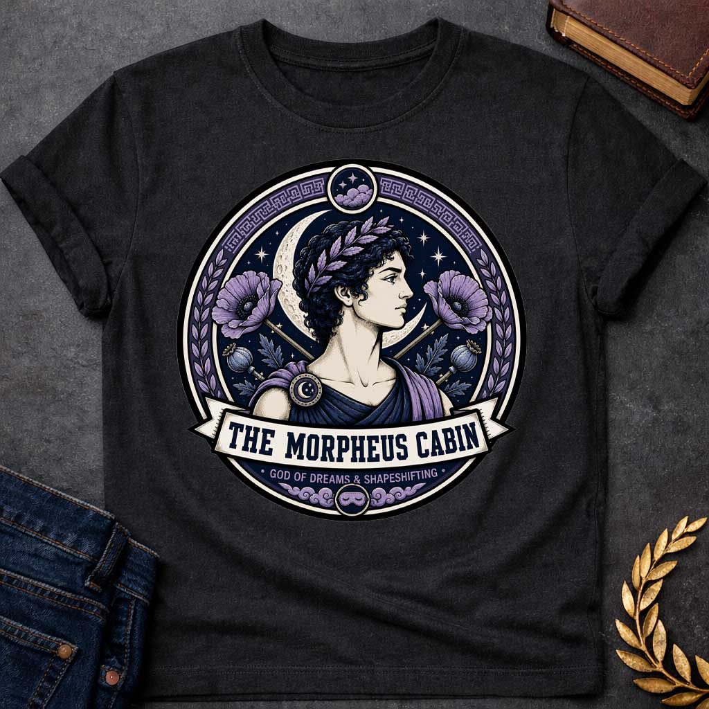 Black t-shirt with a Morpheus Greek mythology cabin design featuring the god of dreams and shapeshifting in a navy and lavender circular emblem. Morpheus wears a laurel crown and classical robes, surrounded by a crescent moon, stars, purple poppies, poppy pods, clouds, and Greek key details. Text reads “The Morpheus Cabin” and “God of Dreams & Shapeshifting,”