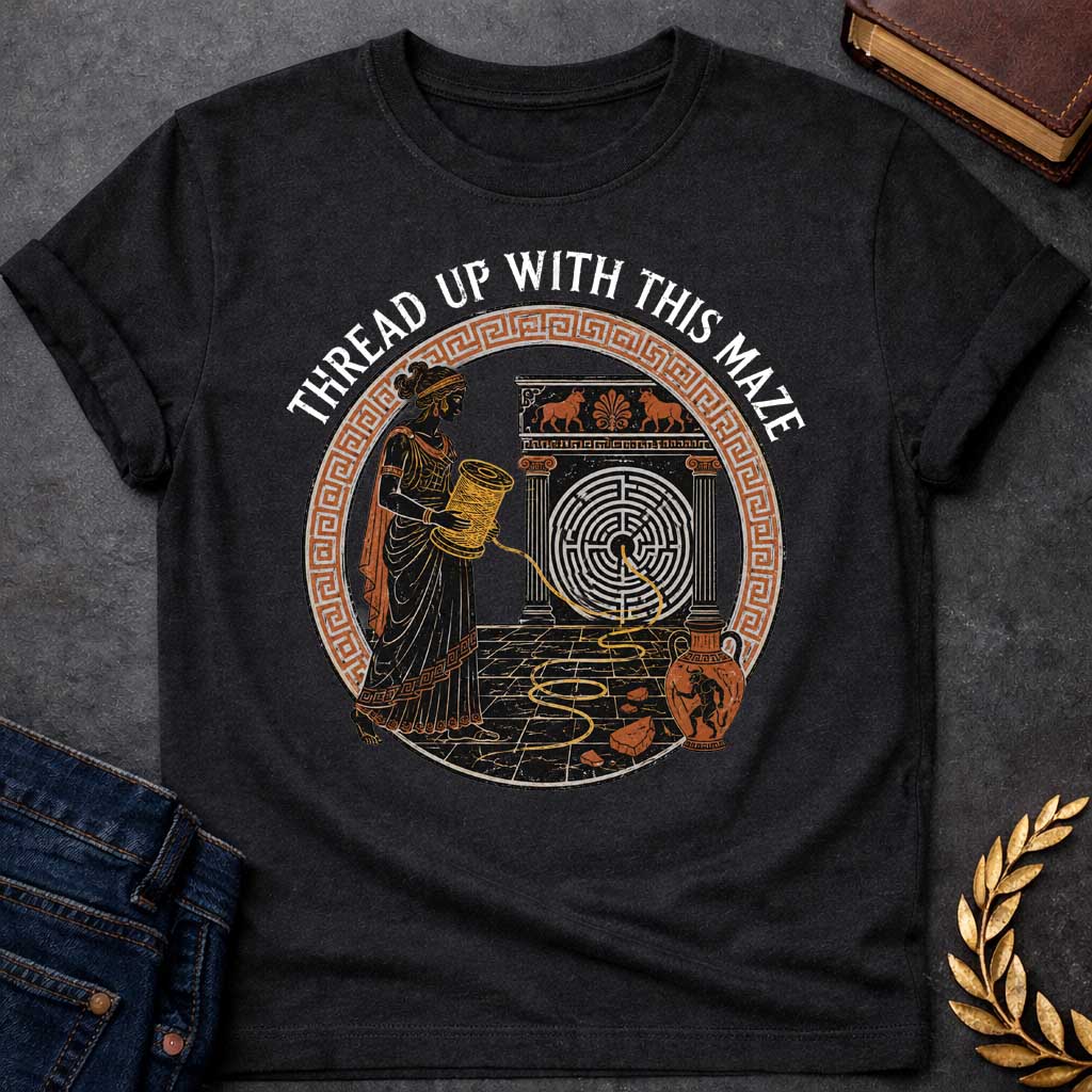 Black T-shirt with A distressed, ancient Greek pottery-style t-shirt graphic. Inside a circular terracotta Greek key frame, a black figure of Ariadne holds a large spool, unwinding a golden thread that leads into a circular maze on a stone structure. An amphora vase with a Minotaur stands nearby. Arched above the scene, white text reads "THREAD UP WITH THIS MAZE" in a rustic serif font.