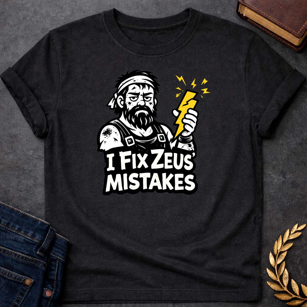 hephaestus i fix zeus mistakes greek mythology youth t shirt featuring lightning bolt, sky god power symbolism in bold Greek mythology design