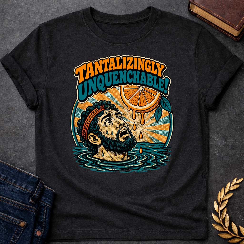 Black t-shirt with a retro pop-art design inspired by the myth of Tantalus. Inside a circular badge with a sunburst background, a sweating Greek man submerged to his neck in water looks up in desperation at a juicy orange slice dangling just out of reach with dripping juice droplets. Playful 70s-style bubble lettering arched above reads "TANTALIZINGLY UNQUENCHABLE!" in bold orange and teal fonts.