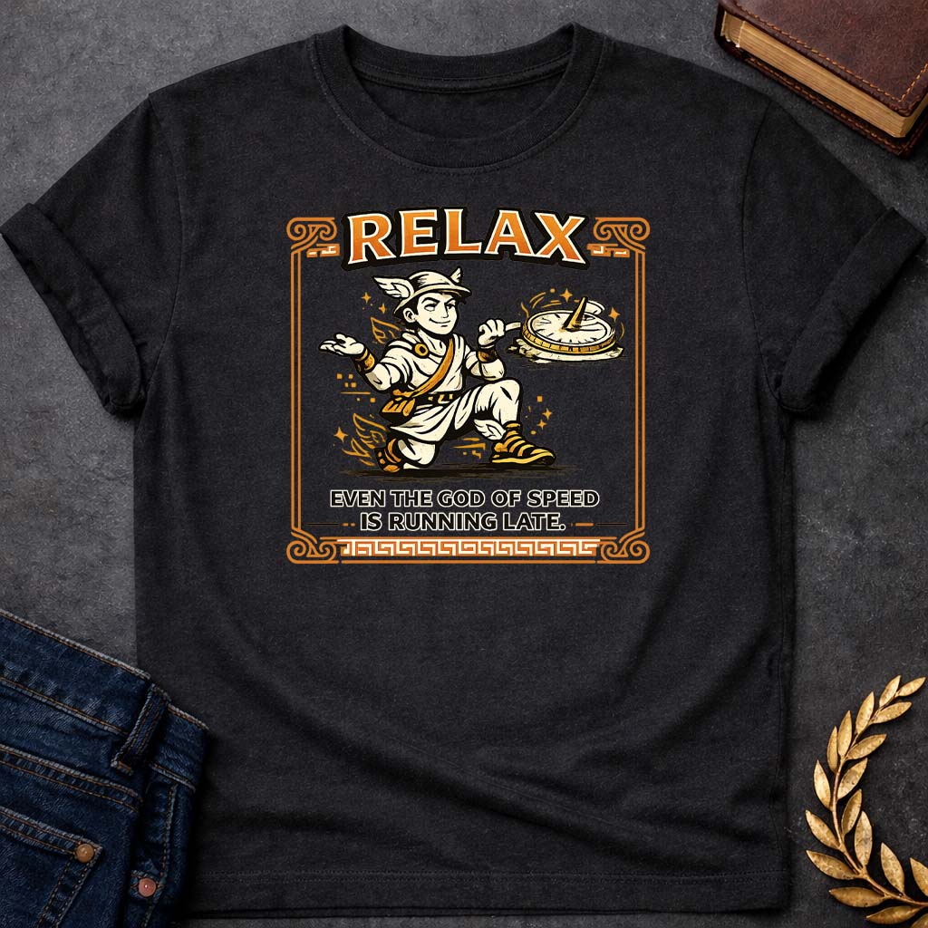 hermes relax even the god of speed is running late greek mythology youth t shirt featuring detailed Greek mythology artwork, symbolic design, and bold graphic style