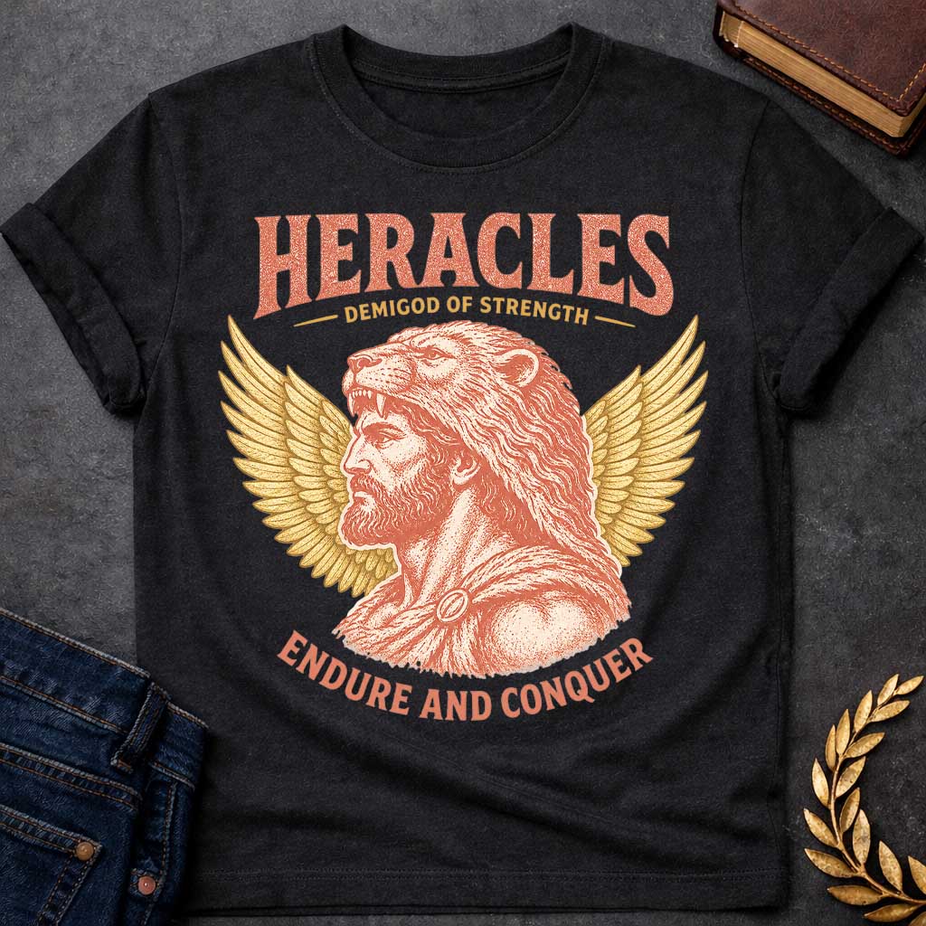 Black t-shirt with a Vintage Heracles Greek mythology design featuring the legendary demigod of strength in profile wearing the Nemean lion skin, framed by detailed golden wings. Distressed coral and gold artwork creates an antique classical look with bold text reading “Heracles Demigod of Strength” and “Endure and Conquer.”