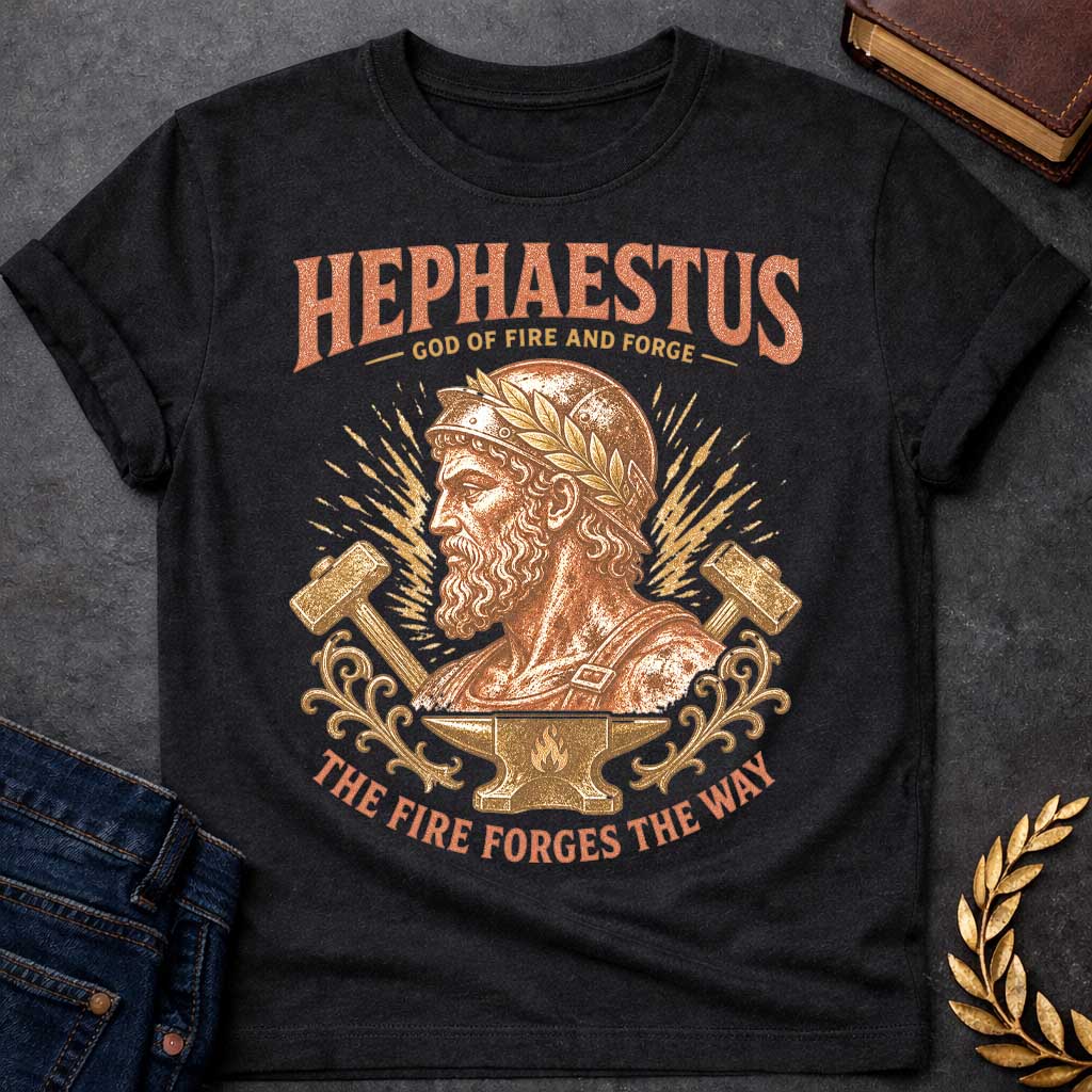 Black t-shirt with a Vintage Hephaestus Greek mythology shirt design featuring the bearded God of Fire and Forge wearing a classical helmet and laurel crown. He is framed by crossed blacksmith hammers, fiery sparks, ornate details, and an anvil with a flame symbol. Distressed coral and gold artwork includes the text “Hephaestus God of Fire and Forge” and “The Fire Forges the Way.”