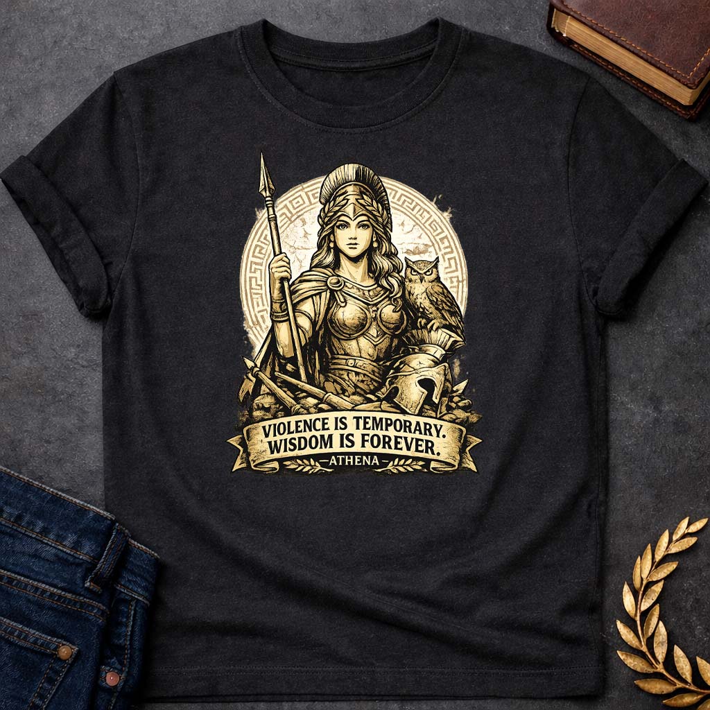 athena violence is temporary wisdom is forever greek mythology youth t shirt featuring owl, laurel wreath, wisdom symbolism in vintage Greek mythology design
