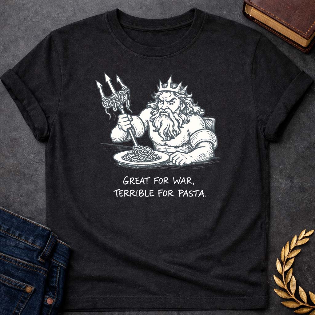 poseidon great for war terrible for pasta club greek mythology youth t shirt featuring trident, ocean waves, sea god symbolism in Greek mythology design
