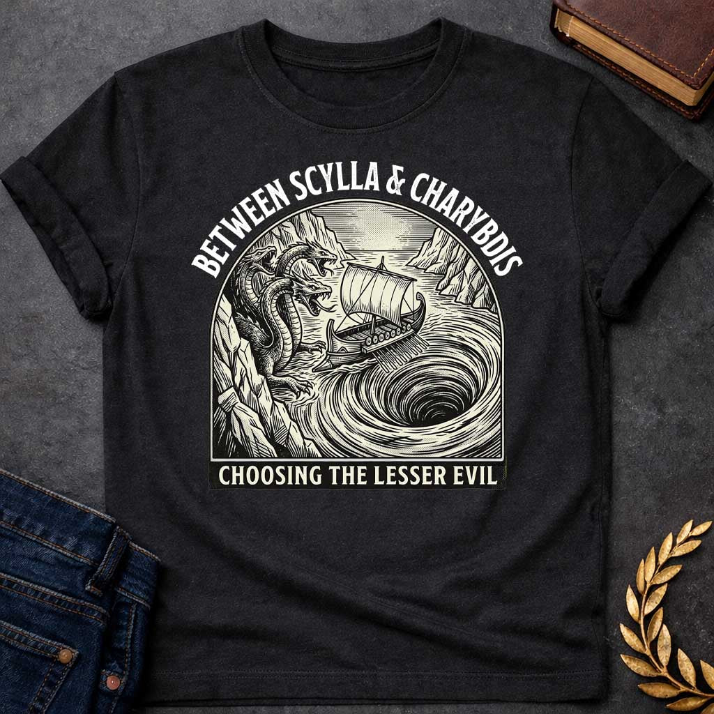 Black t-shirt in a vintage woodcut-style, Inside an arched badge, an ancient Greek ship sails narrowly between a multi-headed sea monster on rocky cliffs and a massive, swirling whirlpool. Bold arched text above reads "BETWEEN SCYLLA & CHARYBDIS", while a banner along the bottom displays the phrase "CHOOSING THE LESSER EVIL" in a clean, sans-serif font.
