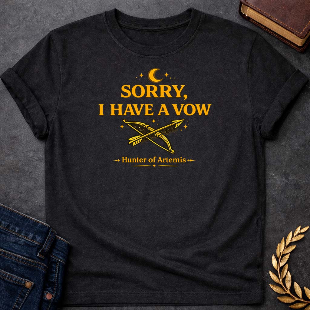 artemis sorry i have a vow mythology adult t shirt featuring detailed Greek mythology artwork, symbolic design, and bold graphic style
