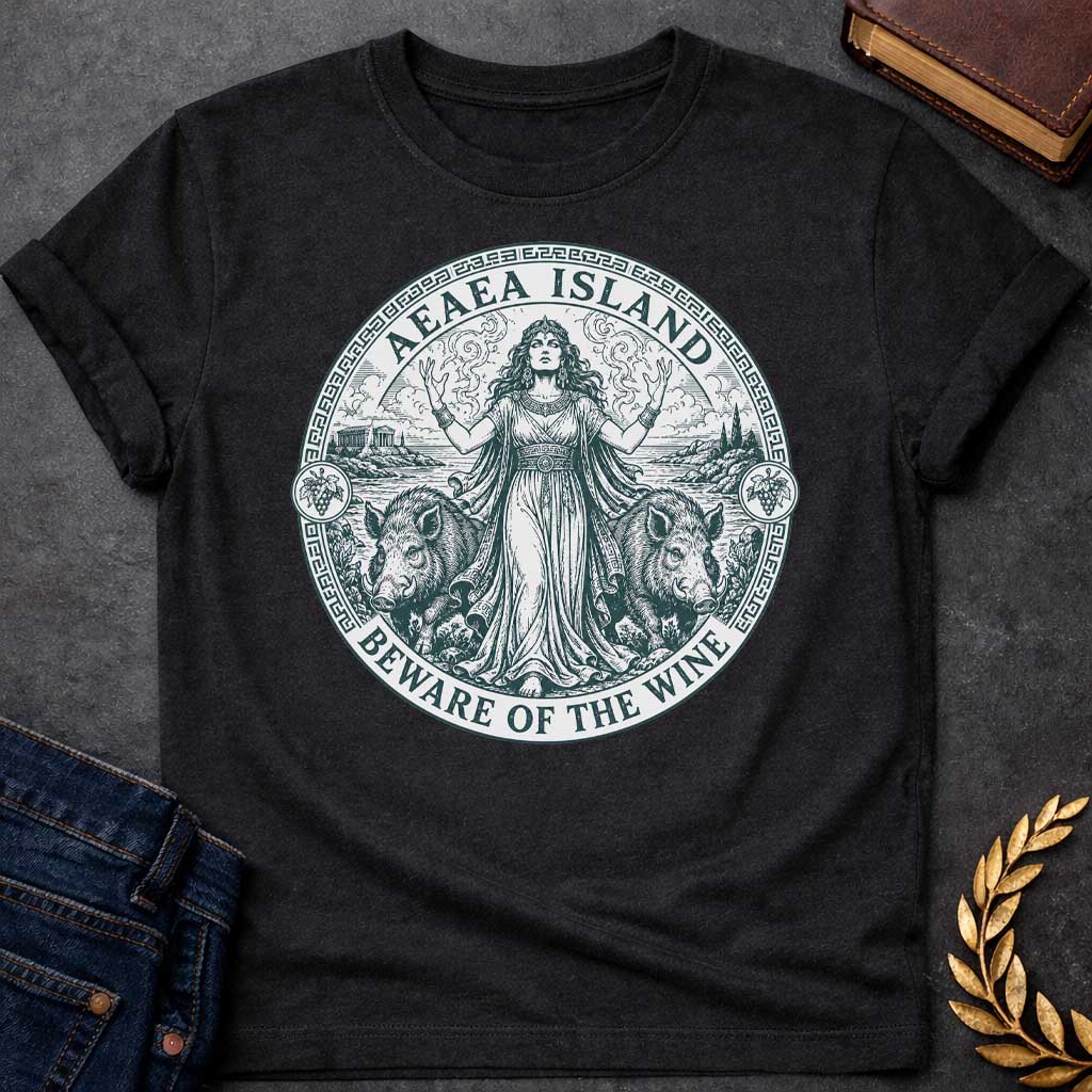 Black T-shirt with a Classical engraving-style illustration of Circe, the Greek goddess of magic, commanding her island of Aeaea with raised arms and mystical power. She wears an ornate crown and flowing draped robes adorned with jewelry. Two human-headed pigs flank her, representing men transformed through her enchanted wine. Grape vines with fruit surround the mystical coastal scene. Greek key pattern border in teal frames the circular composition. Text reads 'Aeaea Island' and 'Beware of the Wine.' Celeb