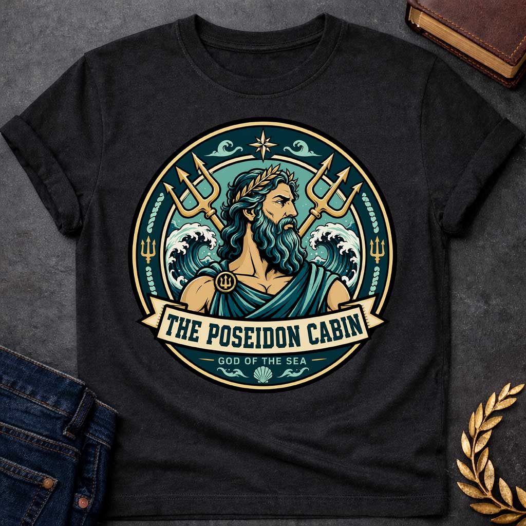 Black t-shirt with a Poseidon Greek mythology cabin design featuring the bearded god of the sea with a golden laurel crown, crossed tridents, crashing ocean waves, and nautical symbols. Teal, aqua, gold, and black circular camp-style emblem includes the text “The Poseidon Cabin” and “God of the Sea.”
