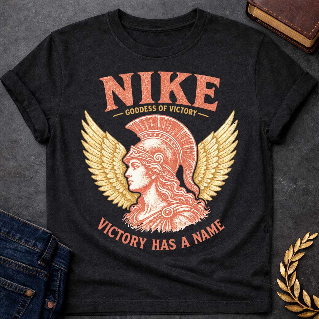 Black t-shirt with a Vintage Nike Greek mythology design featuring the goddess of victory in profile wearing a classical crested helmet, framed by large golden wings. Distressed terracotta and gold artwork includes the text “Nike,” “Goddess of Victory,” and “Victory Has a Name,” celebrating strength, triumph, and ancient Greek mythology.