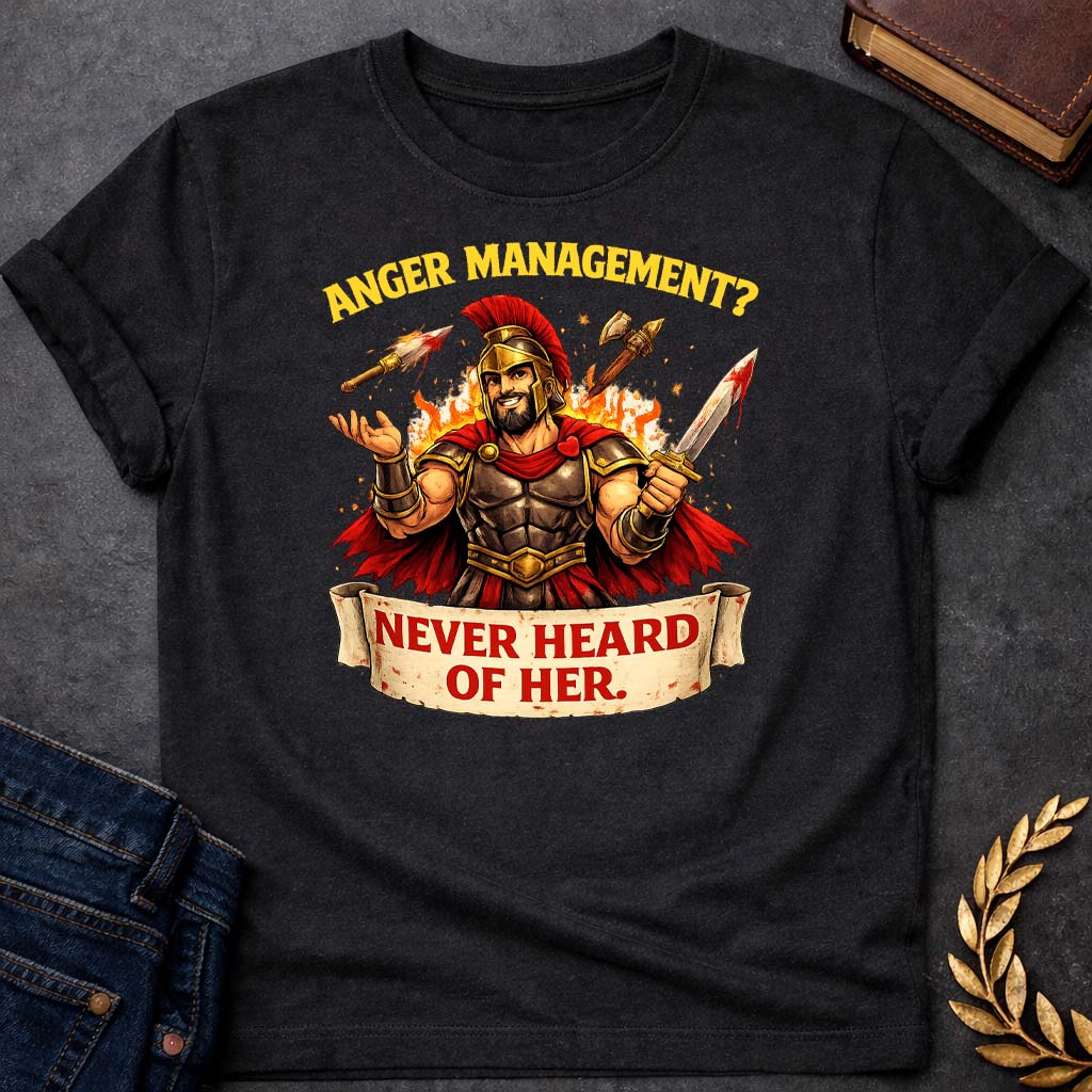 ares anger management never heard of her greek mythology youth heavy cotton™ tee featuring warrior armor, battle symbolism, god of war Greek mythology design