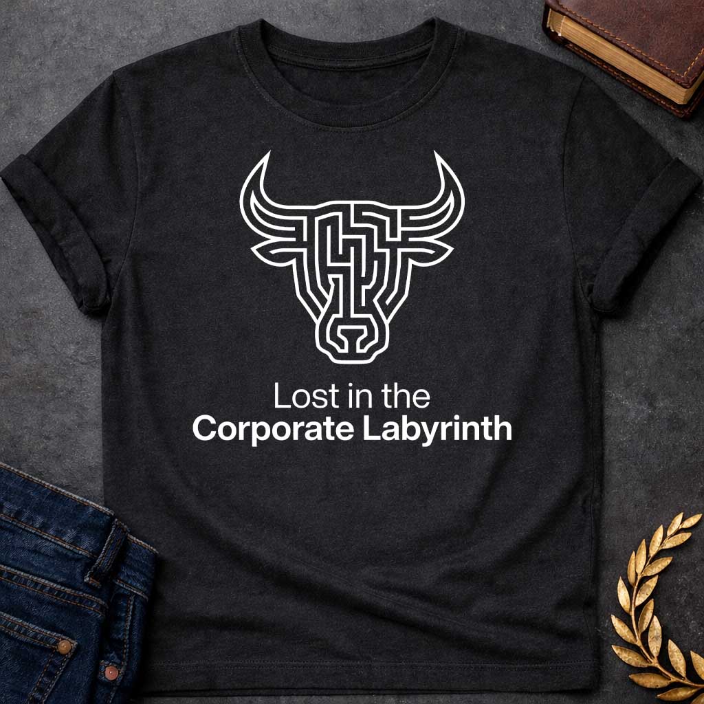 Black T-shirt with a Minimalist line art illustration of a Minotaur head rendered entirely as a complex maze pattern in navy blue and white. The bull's horns and facial features form pathways and corridors. Text reads 'Lost in the Corporate Labyrinth' below. Clever wordplay merges Greek mythology with modern commentary on workplace frustration, bureaucratic confusion, and corporate system entrapment.