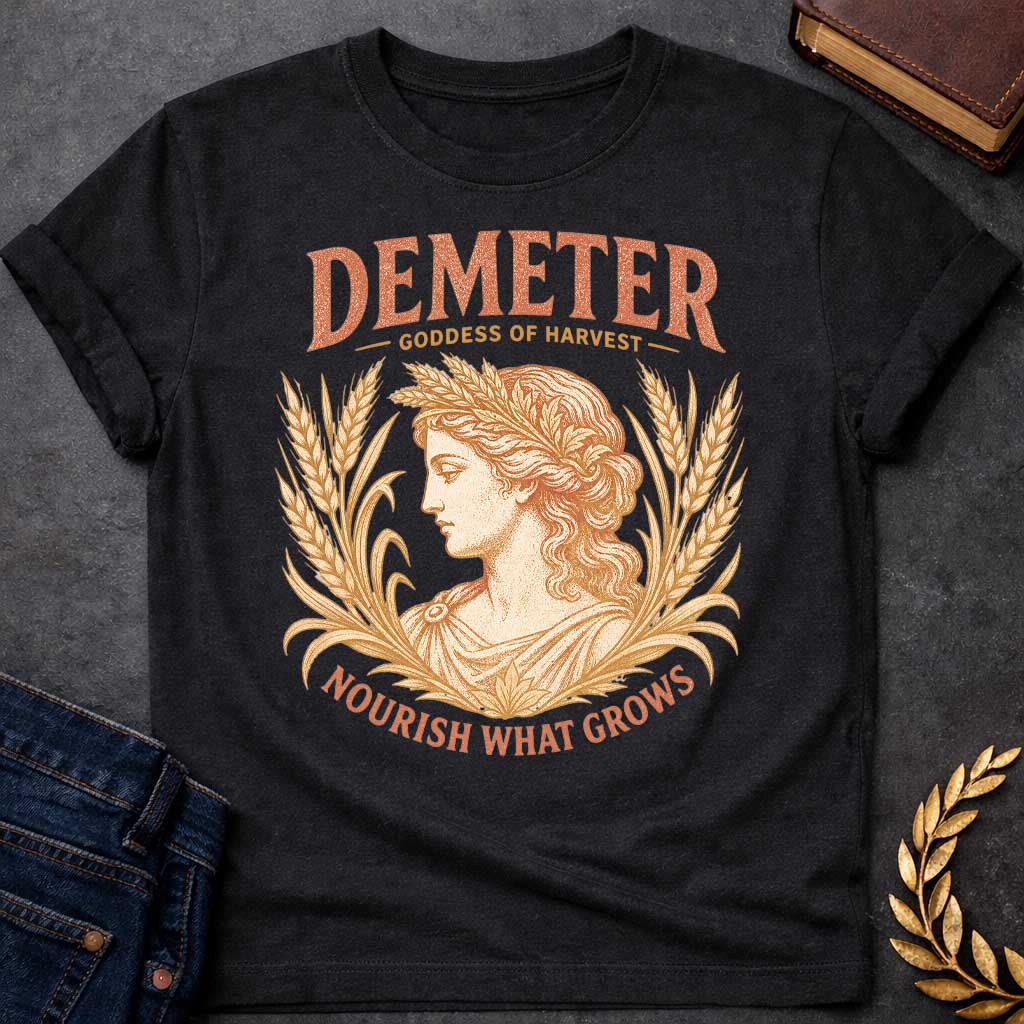Black t-shirt with a Vintage Greek mythology design featuring Demeter, goddess of harvest, framed by golden wheat and grain. Distressed coral and gold artwork shows the goddess wearing a wheat crown with the text “Demeter Goddess of Harvest” and “Nourish What Grows,” celebrating nature, agriculture, and abundance.