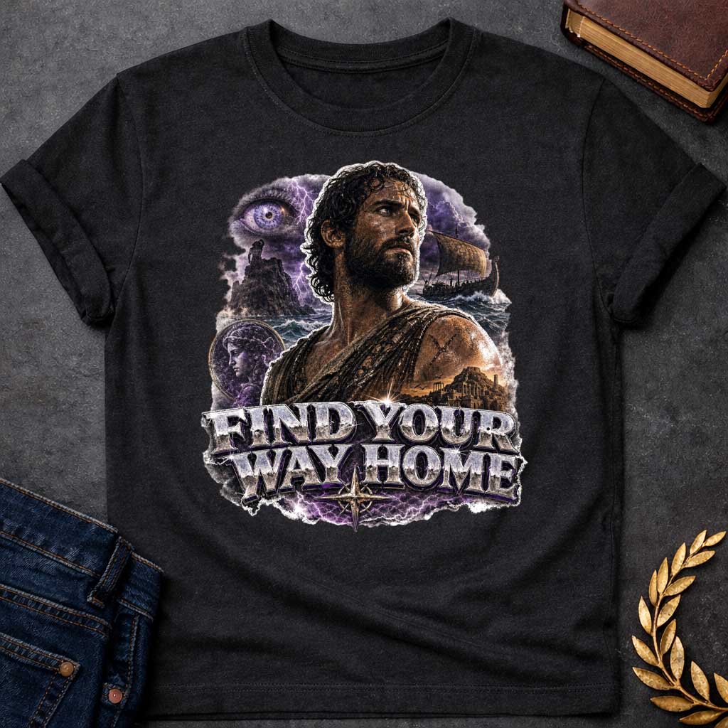 Black t-shirt with an Epic Greek mythology design featuring Odysseus against a stormy seascape with lightning, a sailing ship, ancient ruins, and a mysterious watchful eye. A portrait of a woman appears within the dramatic collage, symbolizing his journey back to Ithaca. Bold metallic lettering reads "Find Your Way Home," capturing the adventure and perseverance of The Odyssey.