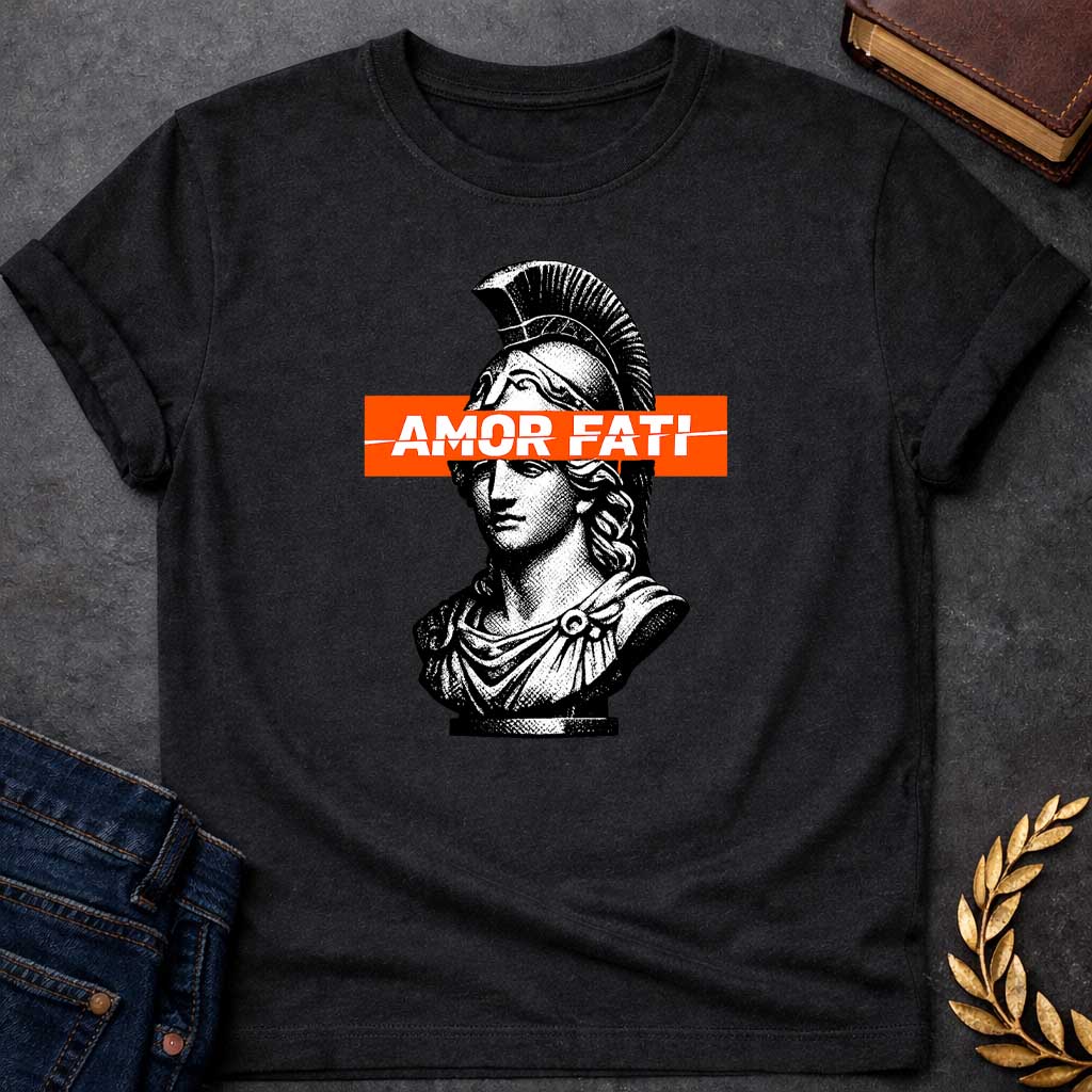 Athena Amor Fati Greek Mythology Adult T-Shirt featuring owl, laurel wreath, wisdom symbolism in vintage Greek mythology design
