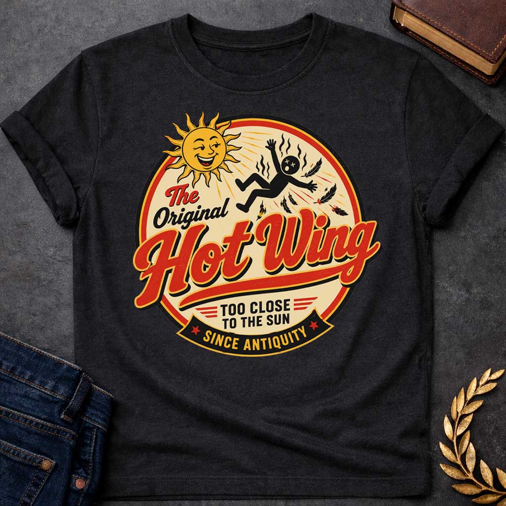 Black t-shirt with a retro diner-style graphic. Inside a circular badge, a smiling sun character beams as a black stick-figure of Icarus falls with burning feathers. Bold red script text across the center reads "The Original Hot Wing", flanked by additional text reading "TOO CLOSE TO THE SUN" and a bottom banner that reads "SINCE ANTIQUITY" in a vintage food-brand aesthetic.