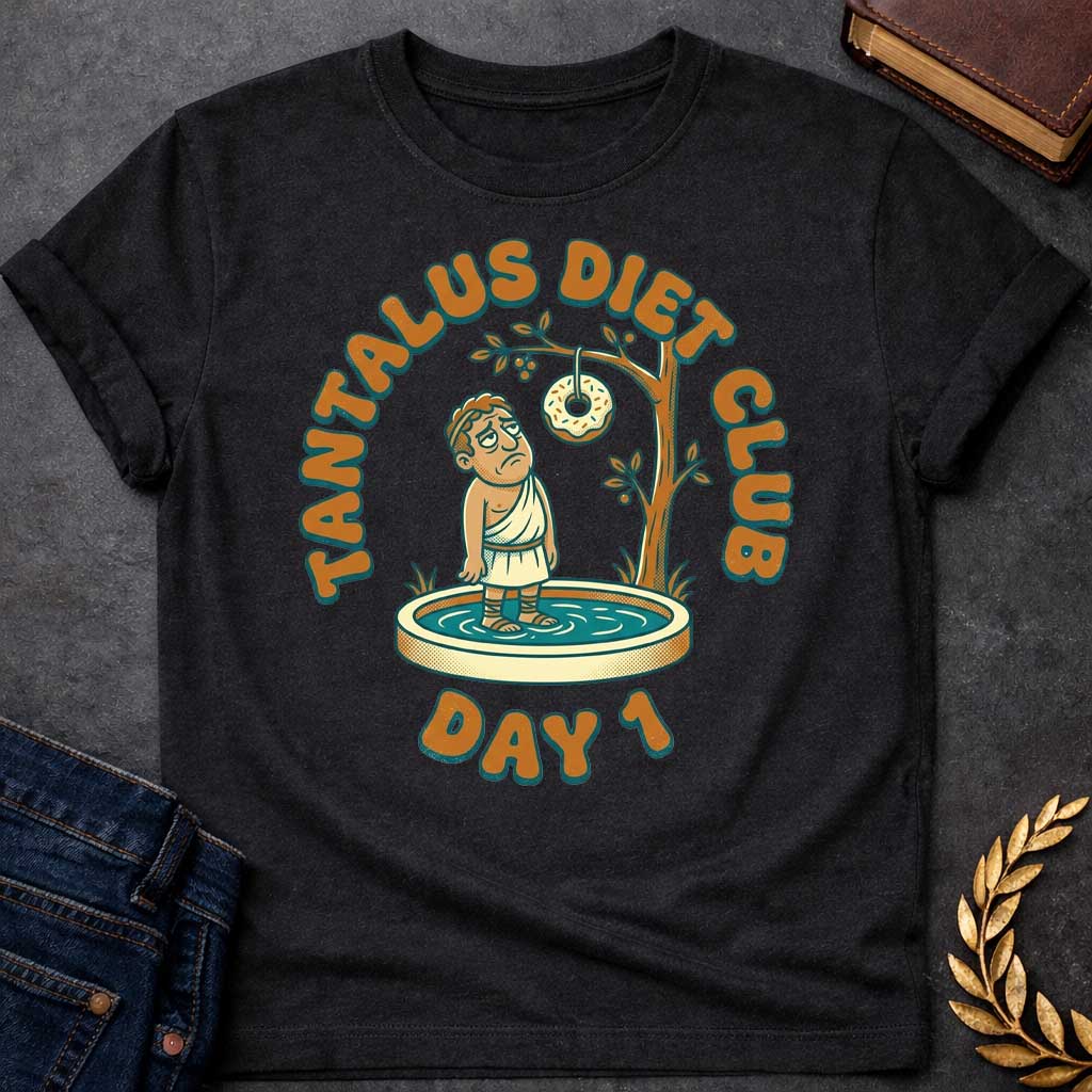 Black t-shirt with A cartoon illustration, Standing in a small shallow pool next to a tree, a sad Greek man in a toga gazes glumly at a frosted donut with sprinkles dangling just out of reach from a branch. Chunky, retro orange and teal text arches over the graphic reading "TANTALUS DIET CLUB", with "DAY 1" featured prominently at the bottom.