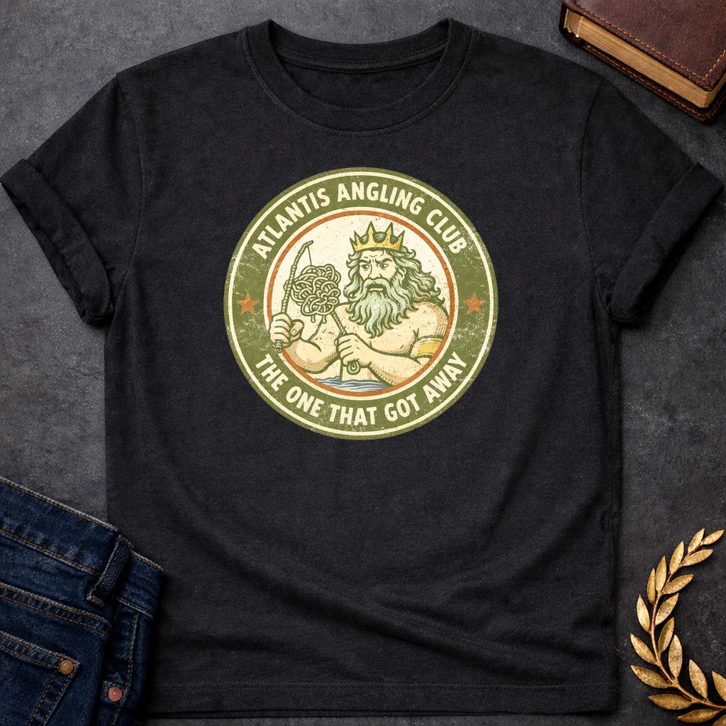 poseidon atlantis angling club greek mythology youth t shirt featuring trident, ocean waves, sea god symbolism in Greek mythology design