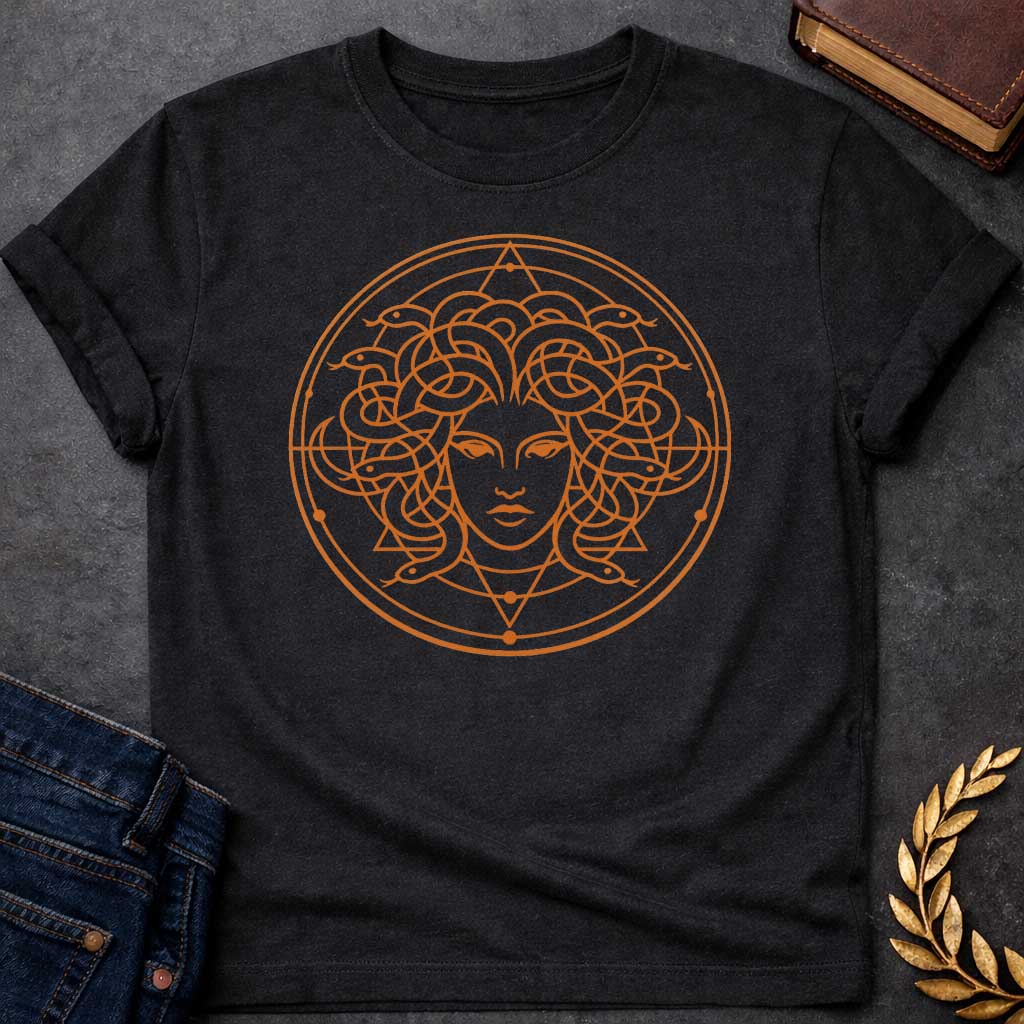 medusa minimalist style greek mythology adult shirt featuring detailed Greek mythology artwork, symbolic design, and bold graphic style