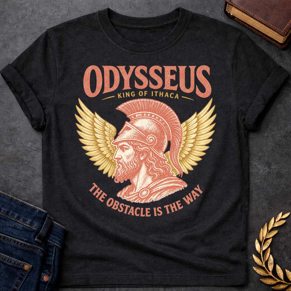 Black t-shirt with a Vintage Odysseus Greek mythology design featuring the legendary King of Ithaca in profile wearing a classical crested helmet, framed by large golden wings. Distressed terracotta and gold artwork includes the text “Odysseus,” “King of Ithaca,” and “The Obstacle Is the Way,” inspired by The Odyssey and his legendary journey home.