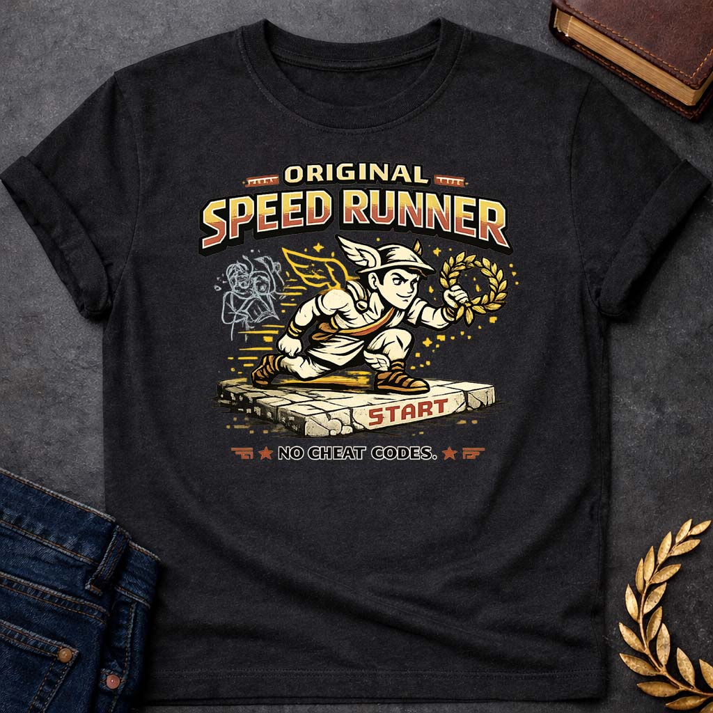 hermes original speed runner greek mythology youth t shirt featuring detailed Greek mythology artwork, symbolic design, and bold graphic style