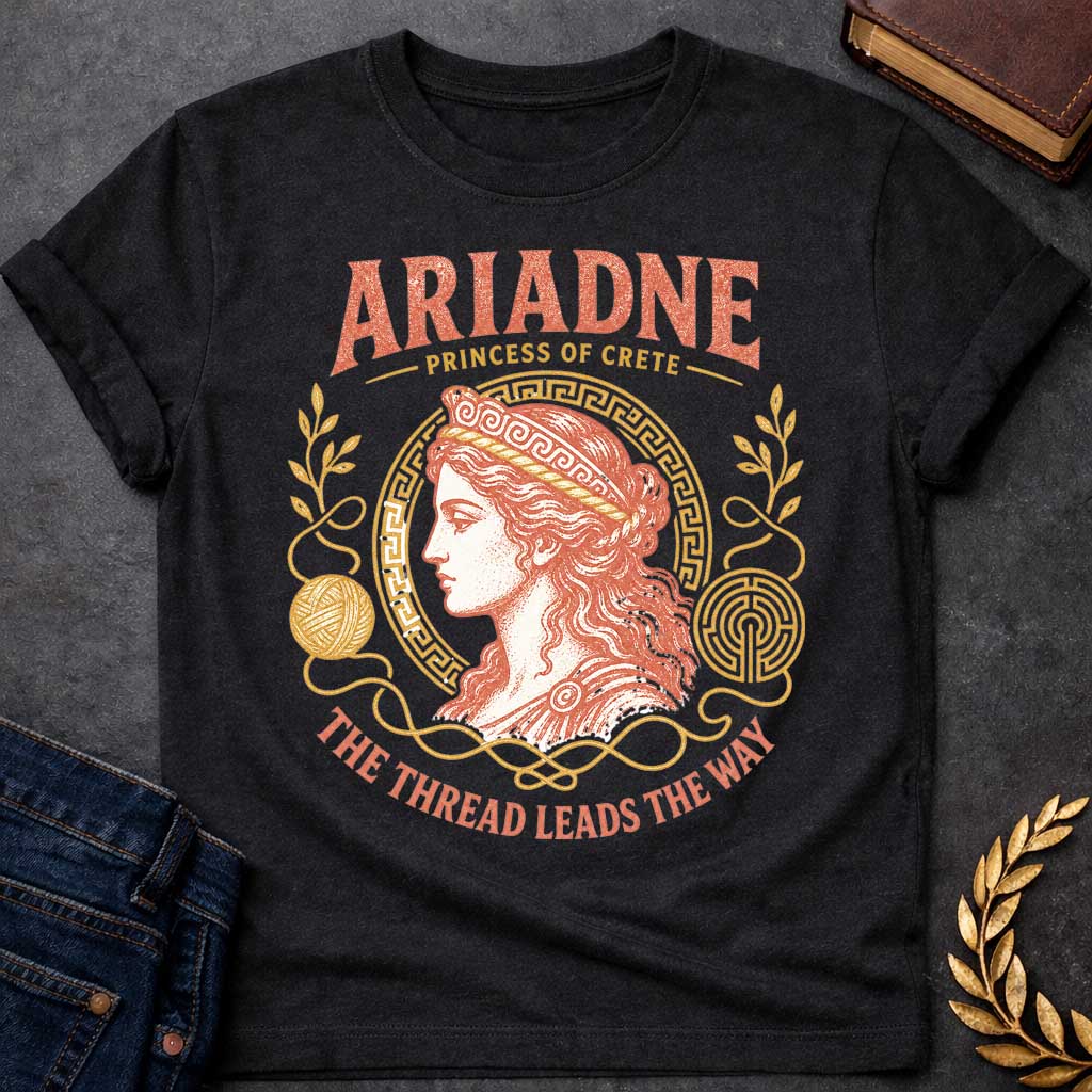 Black t-shirt with a Vintage Greek mythology design featuring Ariadne, Princess of Crete, in a classical portrait framed by a Greek key border, golden thread, yarn, laurel branches, and a labyrinth. Warm coral and gold engraving-style artwork is paired with the phrase "The Thread Leads the Way," inspired by Ariadne's role in helping Theseus escape the Minotaur's labyrinth.