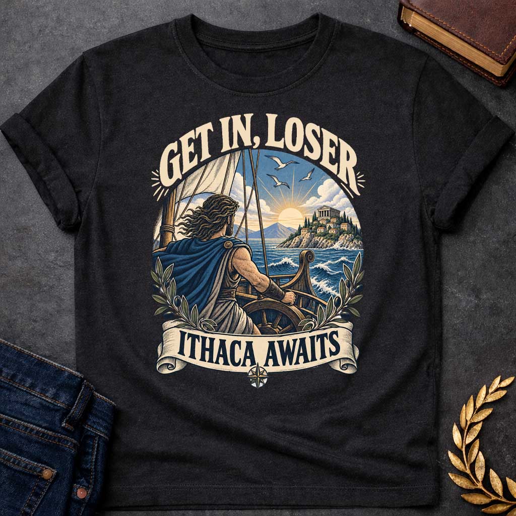 Black t-shirt with a Vintage Greek mythology design featuring Odysseus sailing toward Ithaca at sunset, surrounded by ocean waves, olive branches, and ancient Greek details. Bold text reads “Get In, Loser” and “Ithaca Awaits,” celebrating The Odyssey and Odysseus’ legendary journey home.