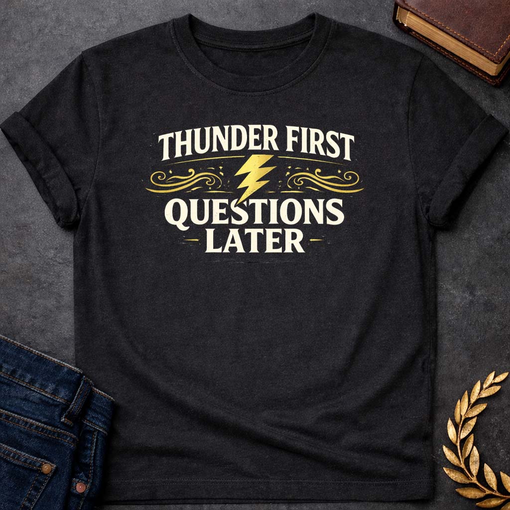 zeus thunder first questions later gym greek mythology youth t shirt featuring lightning bolt, sky god power symbolism in bold Greek mythology design